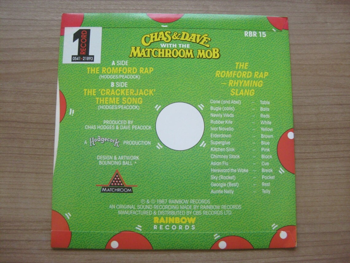7'' Vintage Vinyl Record "Chas & Dave with the Matchroom Mob - Romford Rap / The Crackenjack Theme  song " 1987 MINT condition, foto 2 di 4