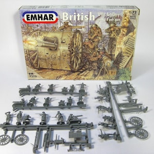 Soldados de juguete EMHAR 7202, caja a escala 1/72, "Artillería británica de la Primera Guerra Mundial". Figuras de plástico sin pintar con gran detalle. ¡Requiere montaje!