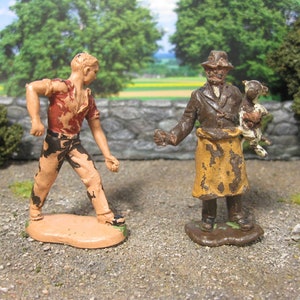 2 Vintage Britains ,Farm toy plastic figures Toy soldiers,Early type "Shepherd with lamp and worker",1:32 Made in England in the 60's .Rare!