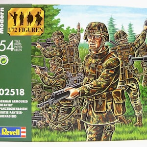 May include: A model kit box featuring a depiction of German armored infantry soldiers in camouflage uniforms. The box includes the text "DEUTSCHE PANZERGRENADIERE" and "GERMAN ARMOURED INFANTRY". The kit contains 54 pieces and is scaled at 1/72.