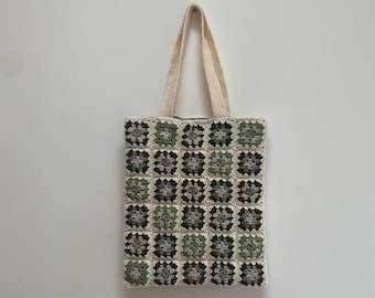 Crochet Cream And Green Tote Bag, Crochet Granny Square Tote Bag, Crochet Tote Bag