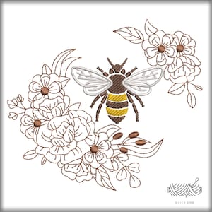 Floral Bee machine embroidery design,Bee Embroidery,Floral embroidery,Flower embroideryRetro Embroidery Design,4 Sizes,Instant Downloads