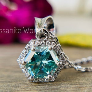 Mother Day Gift 2CT Hexagon Step Cut Cyan Blue Moissanite Solitaire Pendant, Engagement, Anniversary Gift, 925 Sterling Silver, White/Yellow