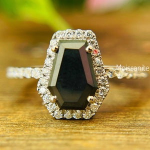 10X7 MM Coffin Cut Black Moissanite Ring, Halo Engagement Ring, Unique Wedding Ring, Black Coffin Ring For Anniversary Gift, White Gold Ring