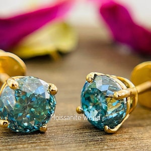 Mother Day Gift Portuguese Cut Cyan Blue Color Moissanite Stud Earrings Screw Back,14K Gold Stud Earrings For Women, Daily Wear Gold Earring