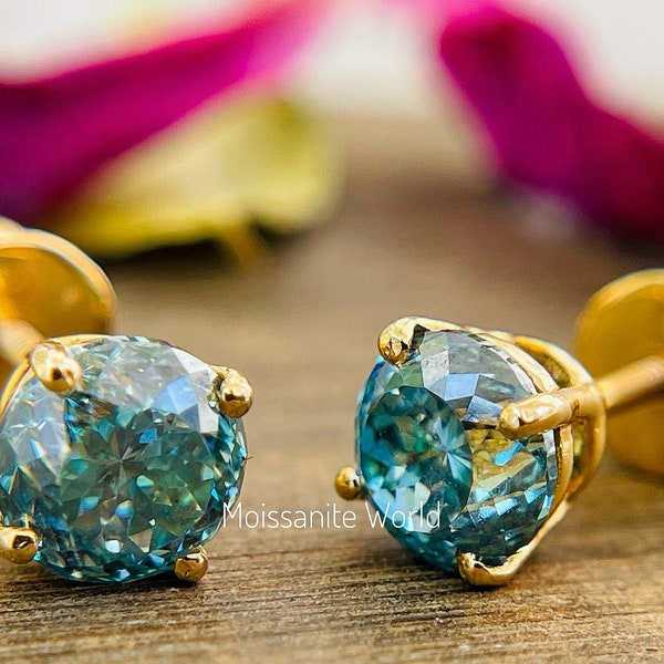 Portuguese Cut Cyan Blue Color Moissanite Stud Earrings Screw Back,14K Gold Stud Earrings For Women, Daily Wear Gold Earrings ,Gift Earring