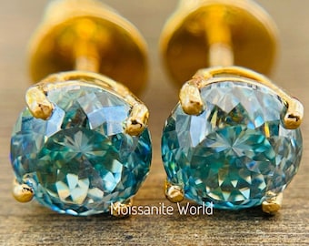 Portuguese Cut Blue Moissanite Stud Earrings – 4mm–8mm, Screw Back, Gold Options, Gift for Her, Handmade Earrings