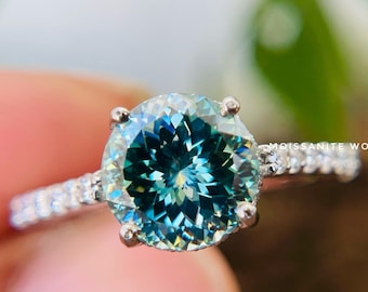 Valentine’s Day 3.29 TCW Cyan Blue Portuguese Cut Moissanite Engagement Ring , 14k White Gold Promise Ring, Gift For Her , Perfect Gift