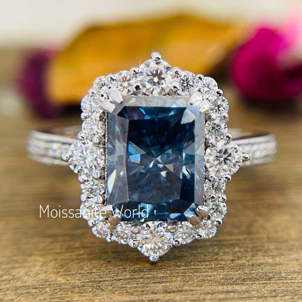 Valentines Day Special 2.15 TCW Radiant Cut Blue Color Moissanite Engagement Ring with matching band 1.8 mm round white moissanite