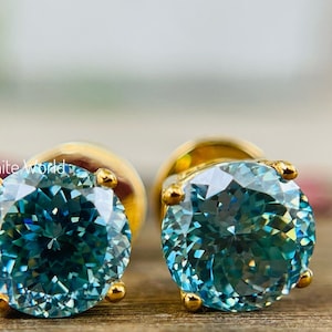 Moissanite Stud Earrings 6 MM 1 Carat Portuguese Cut Cyan Blue •  Most Favorited Earrings • Perfect Addition to Any Stack, Everyday Earrings