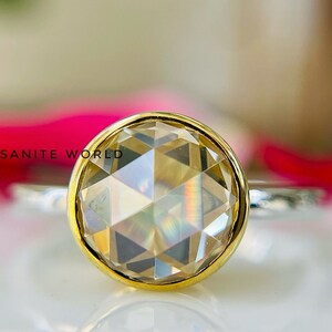 1 CT Yellow Round Rose Cut Moissanite ,Two Tone Solitaire Ring Bezel Set, Engagement Ring, Wedding Ring, Solid White/Yellow Gold Ring, Gift