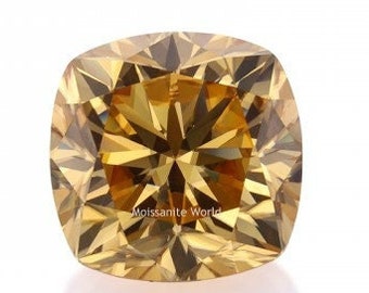 May include: A cushion-cut, golden yellow moissanite gemstone with a brilliant, faceted design.