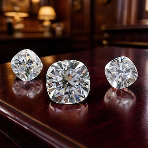 May include: Three brilliant-cut, cushion-shaped diamonds are displayed on a dark, polished surface. The diamonds sparkle with numerous facets, reflecting light. The gems vary slightly in size, showcasing their individual brilliance and clarity. The background is blurred, suggesting a luxurious setting.