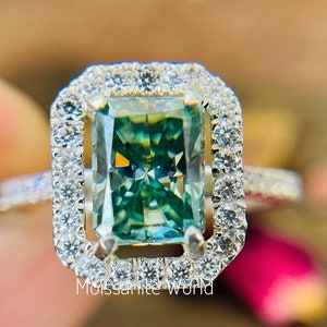 Greenish Blue Moissanite Wedding Ring/ 8X6 MM Radiant Moissanite Ring/Gift Ring/Solid 14k White Gold Ring/ Valentines Day Gift