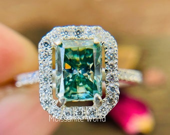 Greenish Blue Moissanite Wedding Ring/ 8X6 MM Radiant Moissanite Ring/Gift Ring/Solid 14k White Gold Ring/ Valentines Day Gift
