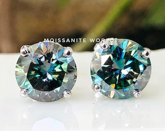 Round Greenish Blue Moissanite  Shape Earrings, 14kt Gold studs, Ideal Cut, Anniversary, jewelry gifts, Custom jewelry gifts