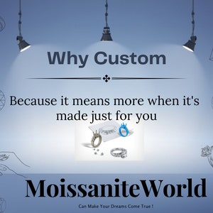 May include: A graphic with the text "Why Custom" and "Because it means more when it's made just for you" with a drawing of two hands holding a ring. The text "Moissanite World" is below the graphic with the tagline "Can Make Your Dreams Come True!"