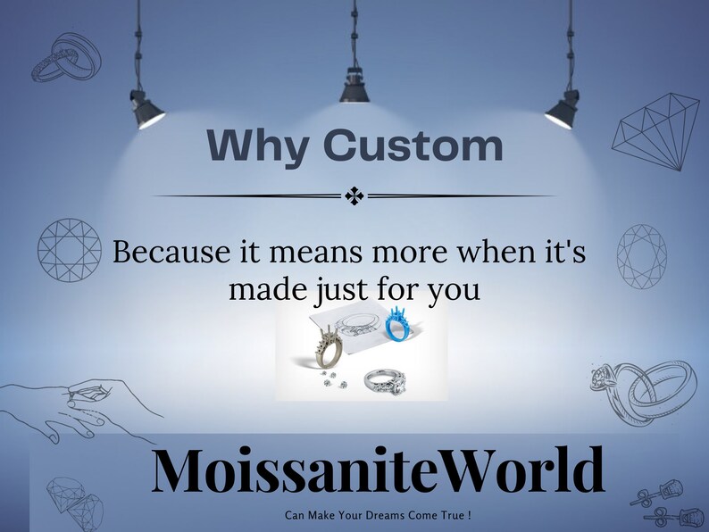 May include: A graphic with the text "Why Custom" and "Because it means more when it's made just for you" with a drawing of two hands holding a ring. The text "Moissanite World" is below the graphic with the tagline "Can Make Your Dreams Come True!"
