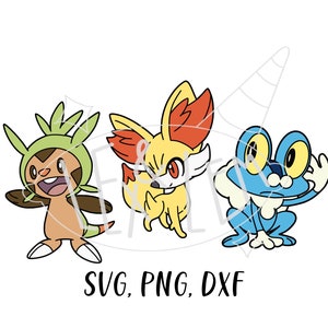 May include: Three cartoon Pokemon characters: a green and brown Grookey, a yellow Fennekin, and a blue Froakie. The characters are all smiling and looking to the right.