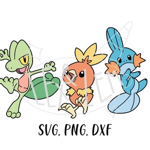 Op de afbeelding: Drie cartoonfiguren uit de Pokémon-franchise. Een groen, hagedisachtig personage met een roze buik, een rood en oranje, vogelachtig personage met een gele kuif en een blauw, visachtig personage met een gele vin.