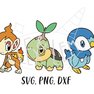 May include: A digital illustration of three cartoon Pokemon characters. The characters are a brown monkey with a flame tail, a green turtle with a brown shell, and a blue penguin with a white belly.