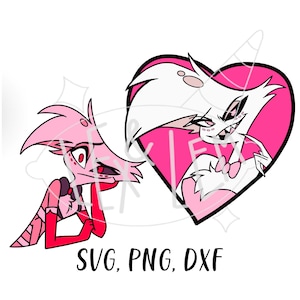 Op de afbeelding: Een roze en witte cartoonillustratie van twee personages, een met een hartvormig hoofd en de ander met een hartvormig lichaam. De tekst "SVG, PNG, DXF" staat onderaan de afbeelding.