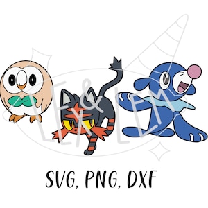 May include: A digital illustration of three Pokemon characters: a brown and orange owl with a green bow tie, a black and red fire-type Pokemon with a red scarf, and a blue water-type Pokemon with a red nose.