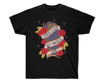 Here Lies My Social Life T-shirt, Funny Anti Social Shirt, Goth T-shirt, Emo Shirt, Gothic Tee, Coffin and Roses T-shirt, Halloween Shirt