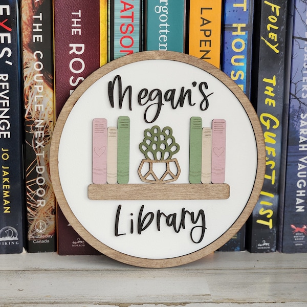 Letrero de madera para estante de lectura de libros de biblioteca con nombre personalizado
