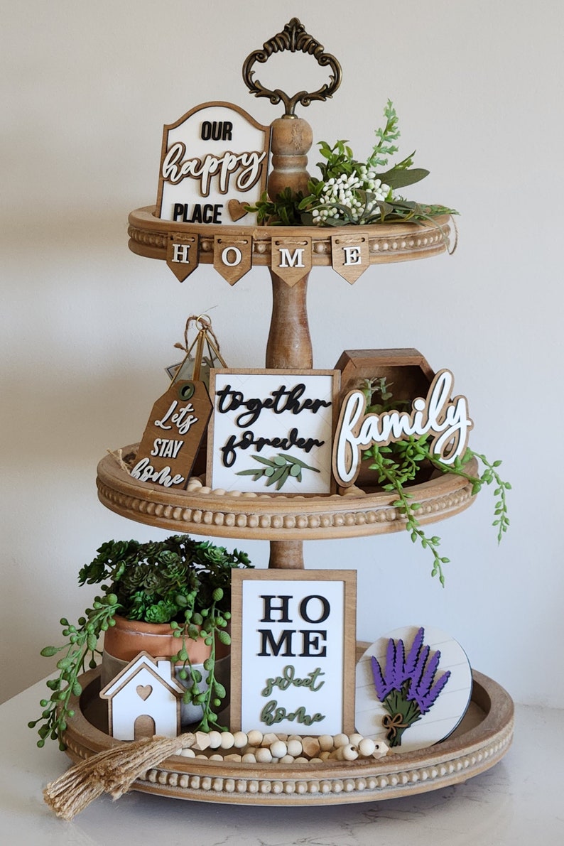 4 Pieces Wooden Tiered Tray Decorations Farmhouse Rustic Wood Frame Sign Black White Plaid Wreath Decor Mini Tiered Tray Items For Home Kitchen Shelf Table Spring Summer Stand Photo Prop