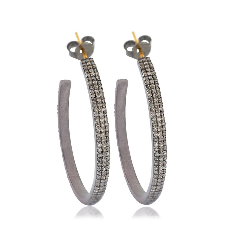 Pave Diamond Silver Hoop Earrings Brown Diamond Hoop Earrings Silver Hoop Earrings