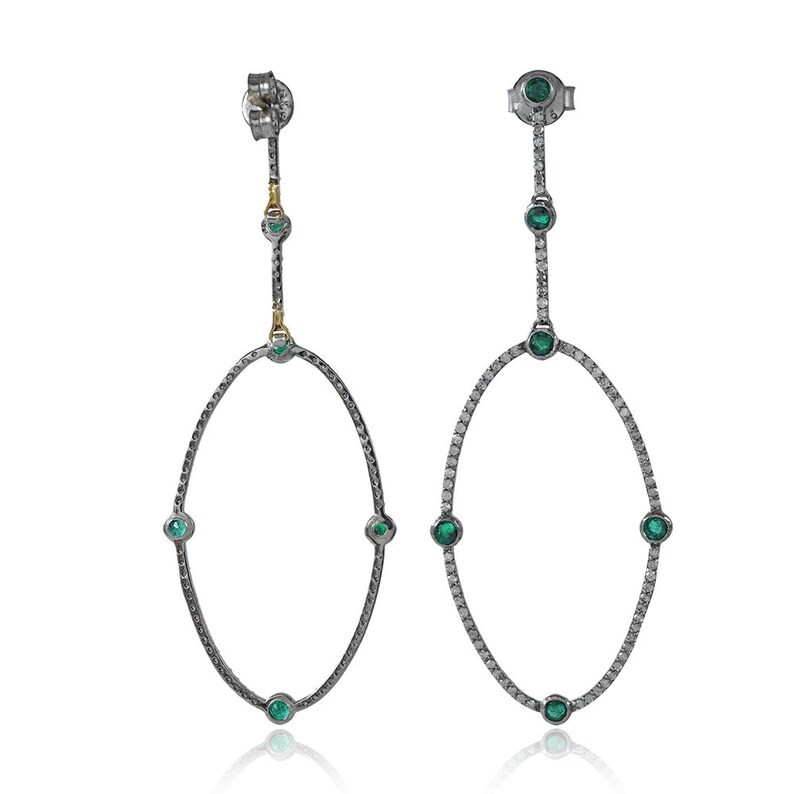 925 Sterling Silver Diamond Earring Pave Diamond Silver /& 14K Gold Emerald Gemstone Earrings White Diamond Earring Diamond Earrings