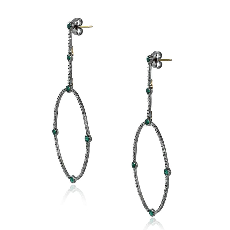 925 Sterling Silver Diamond Earring Pave Diamond Silver /& 14K Gold Emerald Gemstone Earrings White Diamond Earring Diamond Earrings