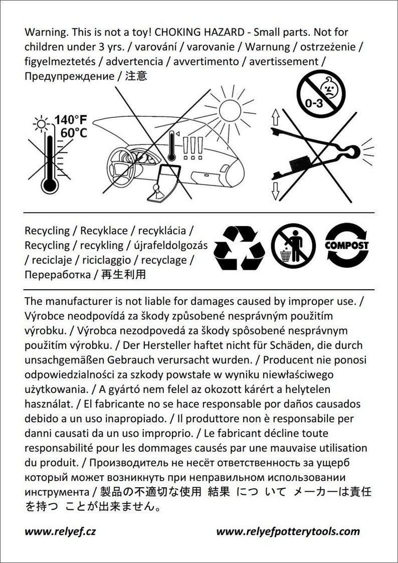 May include: Black and white warning label with a crossed-out image of a child, a crossed-out image of a person using a tool, and a crossed-out image of a thermometer. The label includes the text "Warning. This is not a toy! CHOKING HAZARD - Small parts. Not for children under 3 yrs." and the text "The manufacturer is not liable for damages caused by improper use."