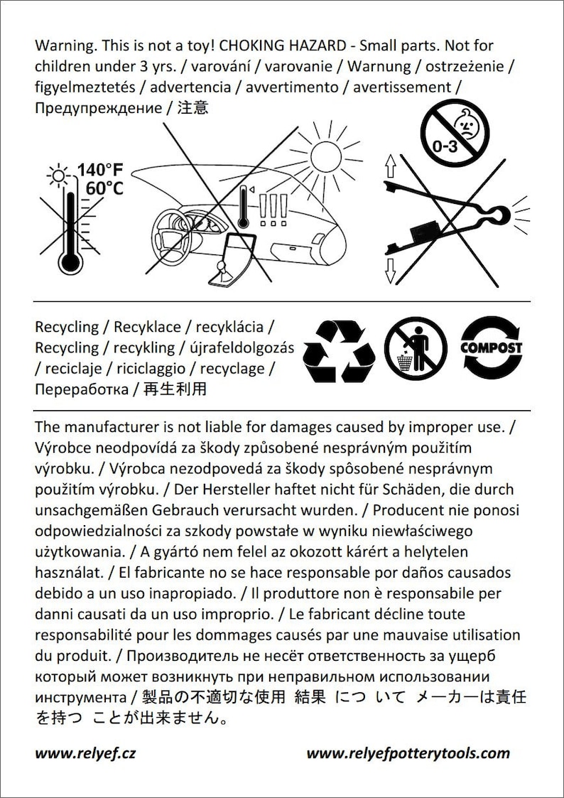K&ouml;nnte beinhalten: Schwarzwei&szlig;es Warnschild mit einem durchgestrichenen Bild eines Kindes, einem durchgestrichenen Bild einer Person, die ein Werkzeug benutzt, und einem durchgestrichenen Bild eines Thermometers. Das Schild enth&auml;lt auch ein Recycling-Symbol, ein Kompost-Symbol und ein Symbol f&uuml;r eine Person, die etwas in den M&uuml;ll wirft. Der Text auf dem Schild lautet: "Warnung. Dies ist kein Spielzeug! ERSSTICKUNGSGEFAHR - Kleine Teile. Nicht f&uuml;r Kinder unter 3 Jahren. / varov&aacute;n&iacute; / varovanie / Warnung / ostrzeżenie / figyelmeztet&eacute;s / advertencia / avvertimento / avertissement / Предупреждение / 注意" und "Der Hersteller haftet nicht f&uuml;r Sch&auml;den, die durch unsachgem&auml;&szlig;en Gebrauch verursacht wurden. / V&yacute;robce neodpov&iacute;d&aacute; za &scaron;kody způsoben&eacute; nespr&aacute;vn&yacute;m použit&iacute;m v&yacute;robku. / V&yacute;robca nezodpoved&aacute; za &scaron;kody sp&ocirc;soben&eacute; nespr&aacute;vnym použit&iacute;m v&yacute;robku. / Der Hersteller haftet nicht f&uuml;r Sch&auml;den, die durch unsachgem&auml;&szlig;en Gebrauch verursacht wurden. / Producent nie ponosi odpowiedzialności za szkody powstałe w wyniku niewłaściwego użytkowania. / A gy&aacute;rt&oacute; nem felel az okozott k&aacute;r&eacute;rt a helytelen haszn&aacute;lat. / El fabricante no se hace responsable por da&ntilde;os causados debido a un uso inapropiado. / Il produttore non &egrave; responsabile per danni causati da un uso improprio. / Le fabricant d&eacute;cline toute responsabilit&eacute; pour les dommages caus&eacute;s par une mauvaise utilisation du produit. / Производитель не несёт ответственность за ущерб который может возникнуть при неправильном использовании инструмента / 製品の不適切な使用 結果について メーカーは責任を持つことが出来ません."