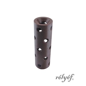 May include: A cylindrical, dark brown object with multiple circular holes. The top has a recessed opening. The product has the word "rélyéf" in a cursive font on the bottom right.