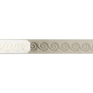 May include: A decorative molding with a repeating wave pattern. The molding is composed of a light gray base with a series of embossed swirls. A white, rectangular section with the same swirl design is attached to the left side.