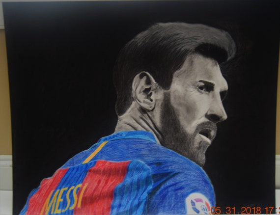 Leo Messi Original Charcoal And Colored Pencil Etsy