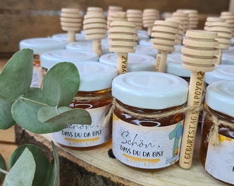 Guest Gifts, Mini Honey Jars with Personalised Label and Engraved Honey Spoon, Favours, Wedding, Winnie The Pooh Theme, 1st Birthday