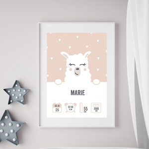 Cartel de nacimiento del bebé con nombre, peso, fecha, tiempo y duración, bebé Lama