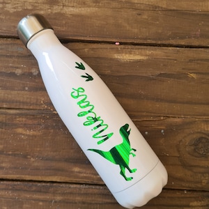 Personalised Dinosaur Metallic Green Vacuum White Bottles for Boys, Kids, 500ml, Hot and Cold