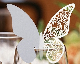 Glass Topper Butterfly Cards with Floral Lace Flowers Lasercut Wedding Unique Seating Name Card