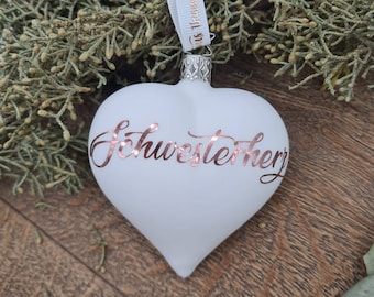 Sister-heart, Rose Gold and White Matt Blown Glass Heart-shaped Bauble Christmas Ornament