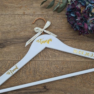 Personalised Bridal Dress Hanger for Wedding Photos, White Wood with Copper Hook and Gold Calligraphy Text image 8