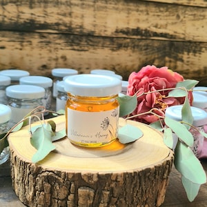 Modern Wildflower Honey Guest Gifts, Mini Jars + Personalised Label + Engraved Honey Spoon, Favours, Wedding,  Baby Shower, 1st Birthday