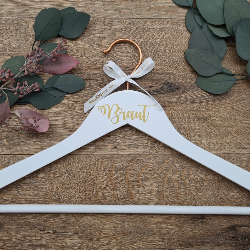 Personalised Bridal Dress Hanger for Wedding Photos, White Wood with Copper Hook and Gold Calligraphy Text image 3