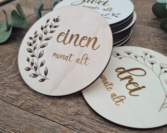 Baby Milestone Cards, first year, photo prop, wooden rounds,.engraved wildflowers, floral