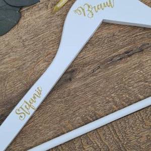 Personalised Bridal Dress Hanger for Wedding Photos, White Wood with Copper Hook and Gold Calligraphy Text image 7