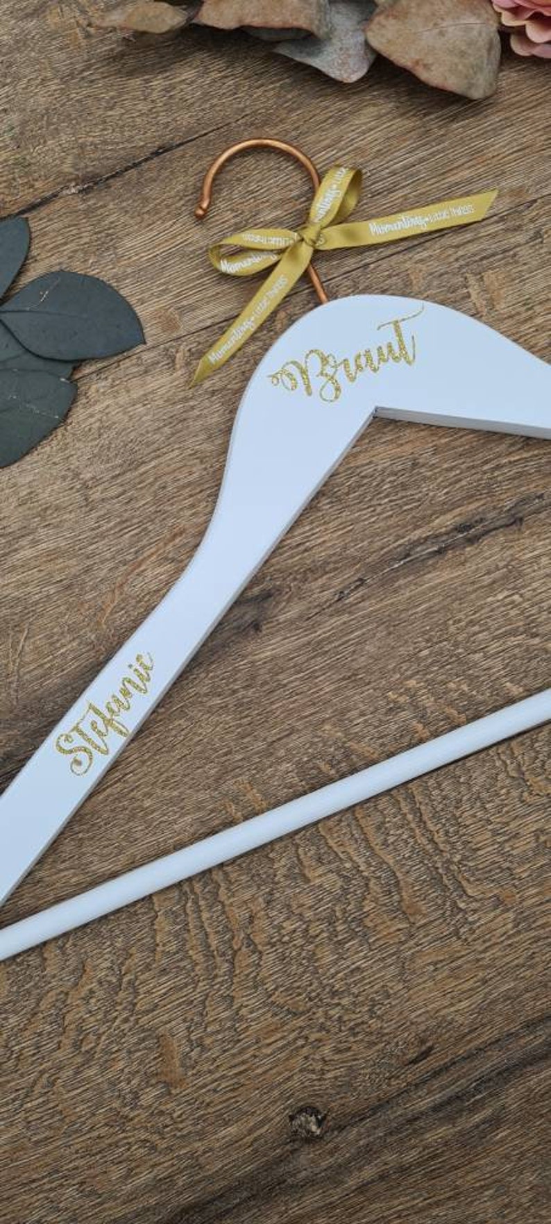 Personalised Bridal Dress Hanger for Wedding Photos, White Wood with Copper Hook and Gold Calligraphy Text image 7