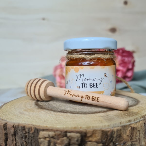 Regalos de invitados, Mini tarros de miel + Etiqueta personalizada + Cuchara de miel grabada, Favores, Boda, Baby Shower Tema "Mamá a abeja", 1er cumpleaños